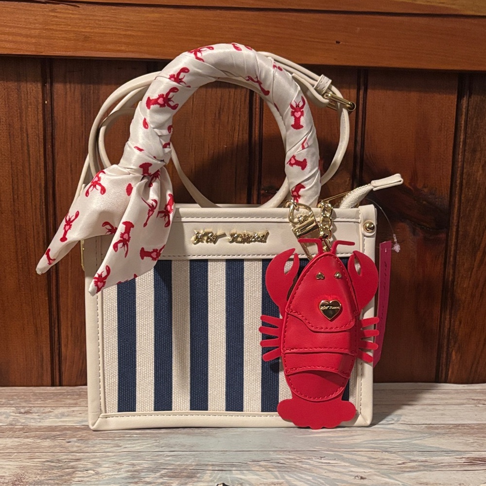 Betsy Johnson Navy and White Striped Mini Bag with Red Lobster Charm